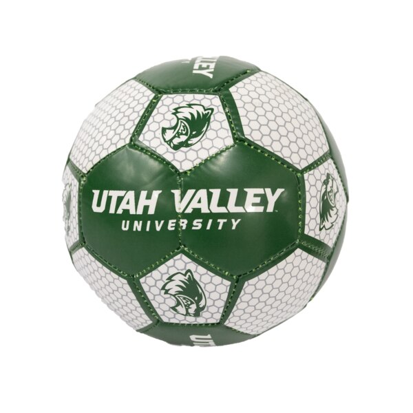 Size 1 mini soccer ball with the mascot logo and “Utah Valley University” alternating all around the ball.
